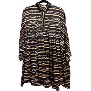 KENZO Paris 100%Silk Print Collared Shirt Dress Jewel Button Oversized Black‎